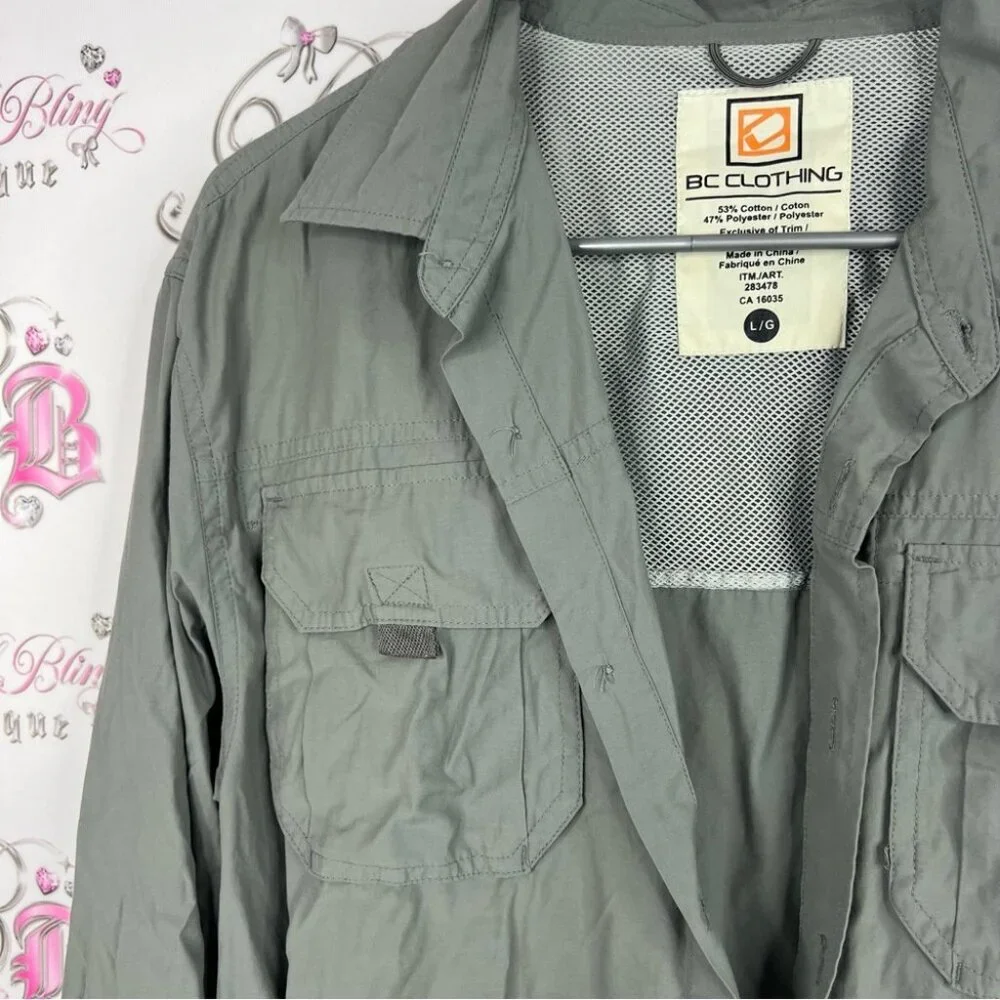 BC Clothing button up green Men's Gray Lightweight Shirt Jacket